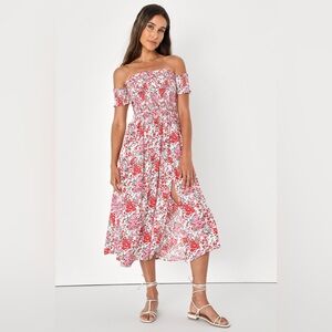Lulus Meadow Cream Floral Off the Shoulder Dress